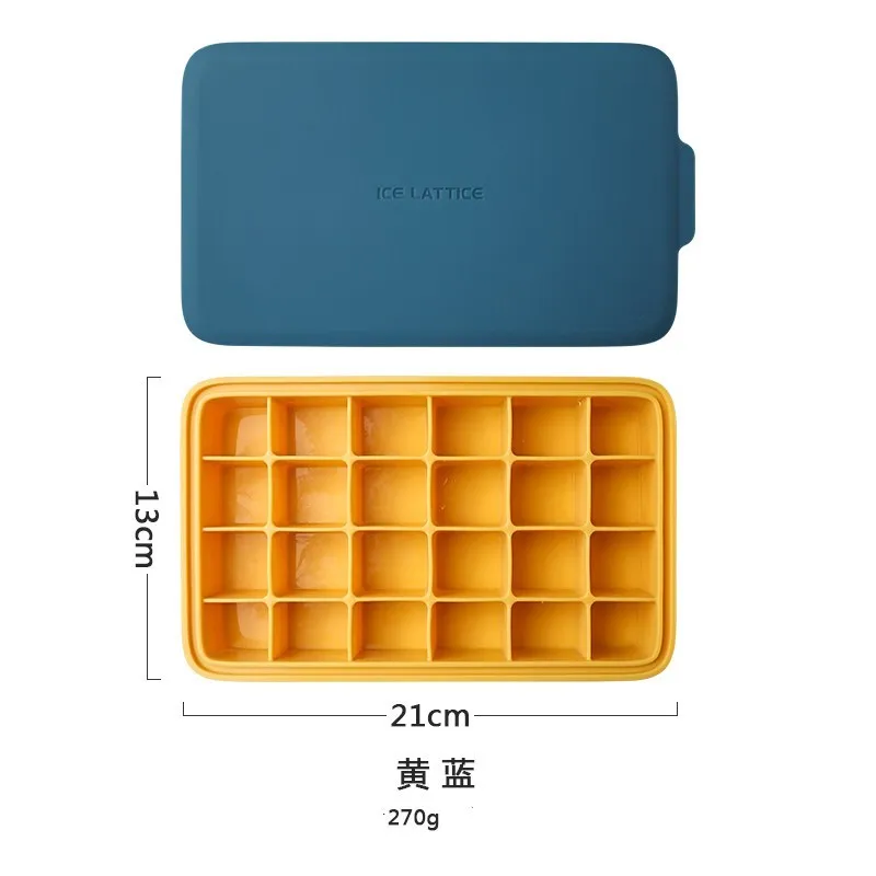 Silicone 12 cavity hexagon ice cube tray with silicone cover in blue, on a countertop