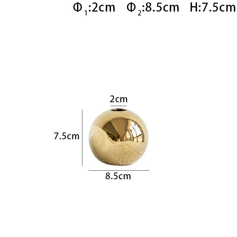 Handmade spherical electroplated ceramic gold vase on a tabletop, three sizes available for home decor