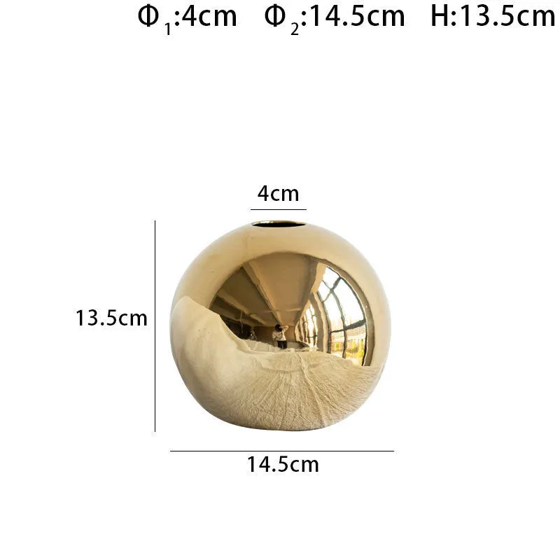 Handmade spherical electroplated ceramic gold vase on a tabletop, three sizes available for home decor
