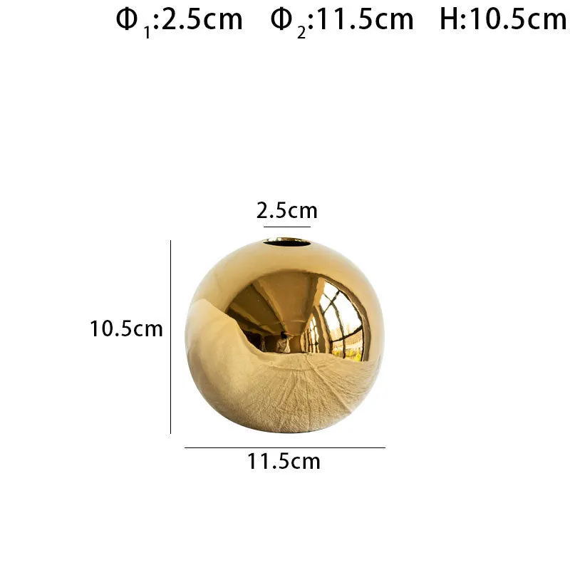 Handmade spherical electroplated ceramic gold vase on a tabletop, three sizes available for home decor