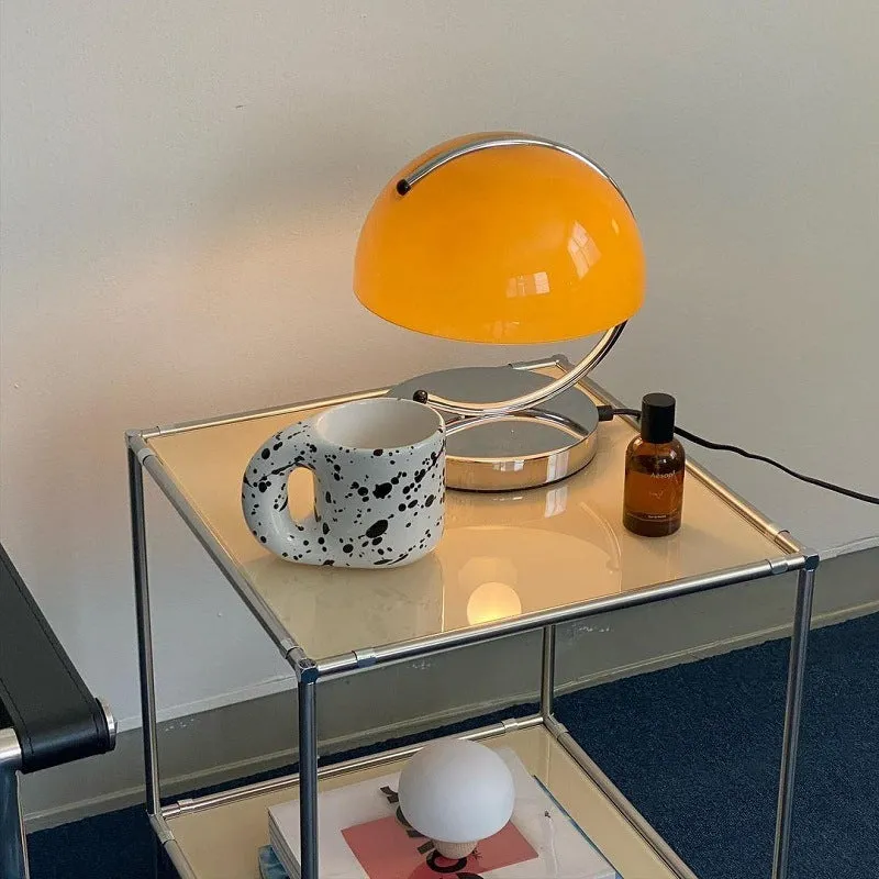 Retro space age LED table lamp with glass shade in orange or white colour for desk, bedroom, or living room use