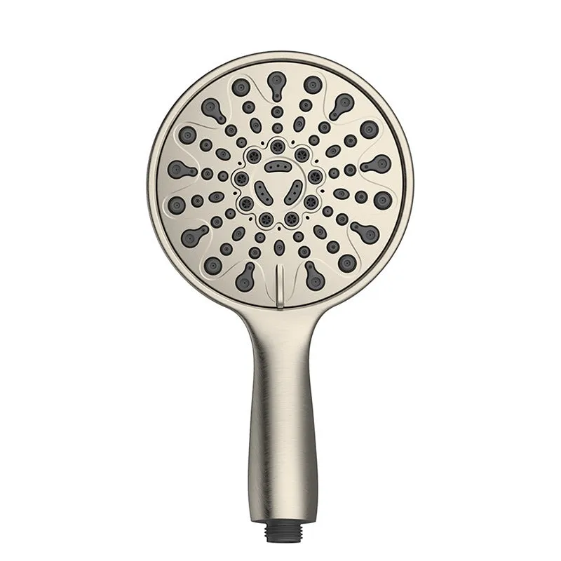 Six-function handheld shower head with electroplated finish showing multiple spray pattern options