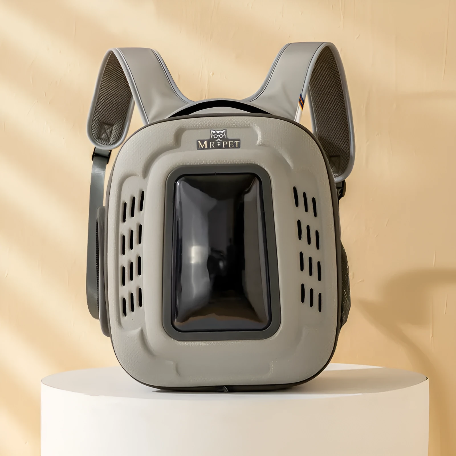 Pets Go Out portable breathable polyester fibre pet backpack in grey, 41x34x30cm, with ventilated panels
