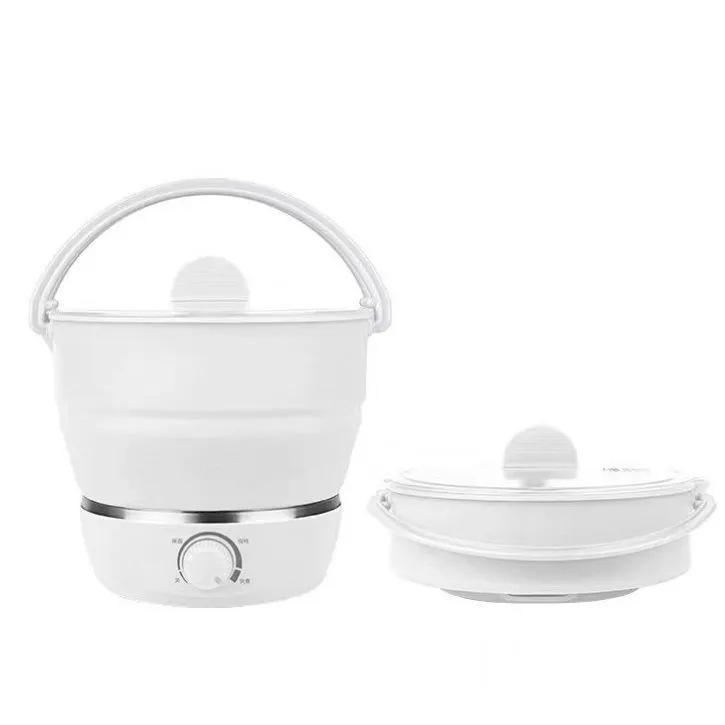 White portable folding electric cooker with food grade silicone body, 304 stainless steel liner, for 2-3 people travel camping