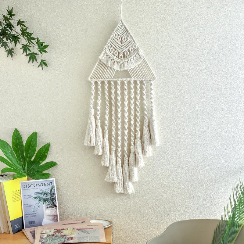 Handwoven triangle dream catcher pendant with cotton thread, wooden beads, and tassel, 29x45x72cm, brown colour