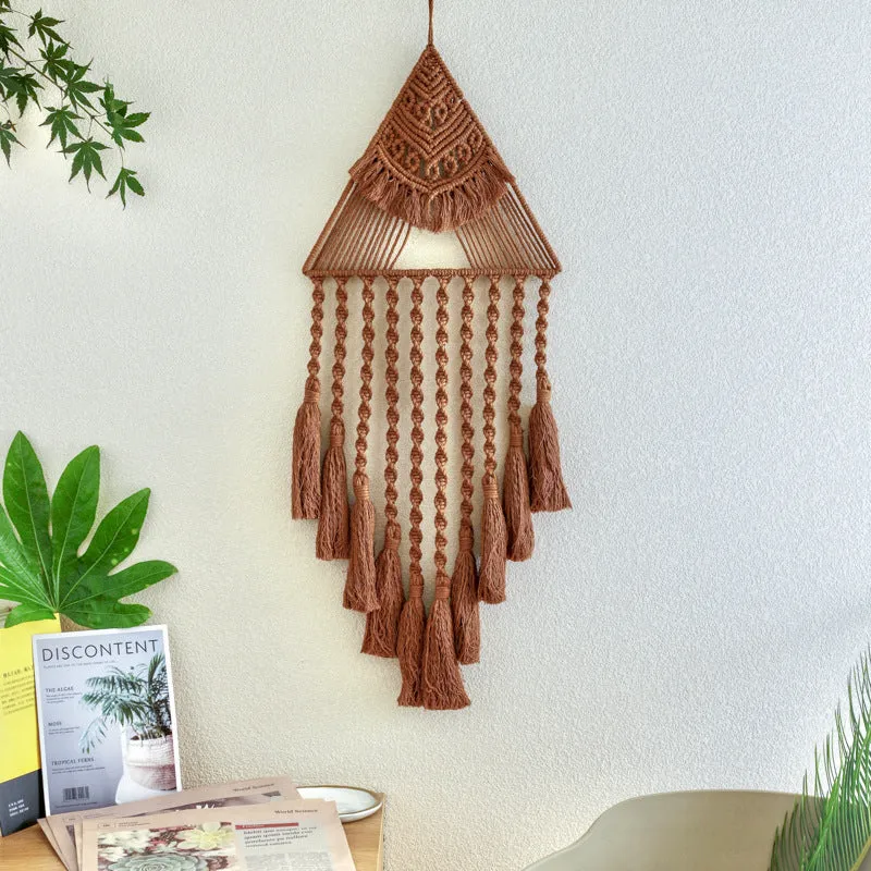 Handwoven triangle dream catcher pendant with cotton thread, wooden beads, and tassel, 29x45x72cm, brown colour