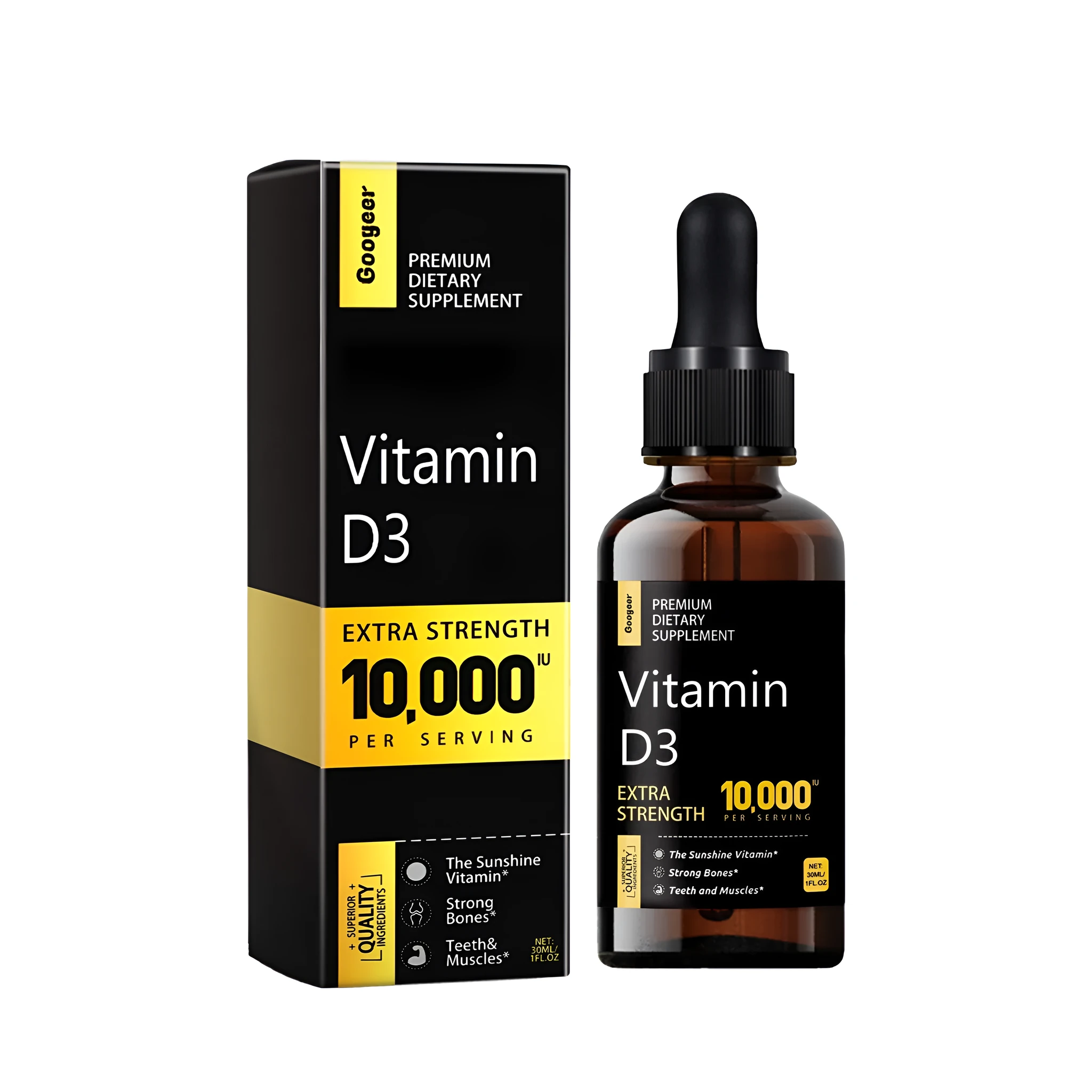 Compact PE bottle of liquid vitamin supplement with vitamin D3, vitamin C, green tea and orange extracts