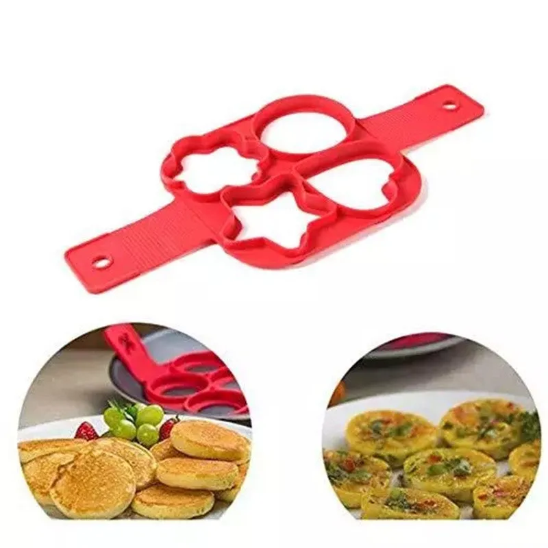 Red silicone nonstick egg pancake maker ring laid flat on a cooking surface