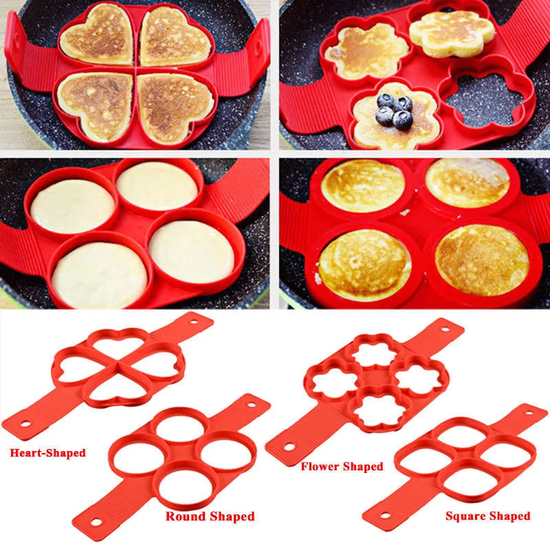Red silicone nonstick egg pancake maker ring laid flat on a cooking surface