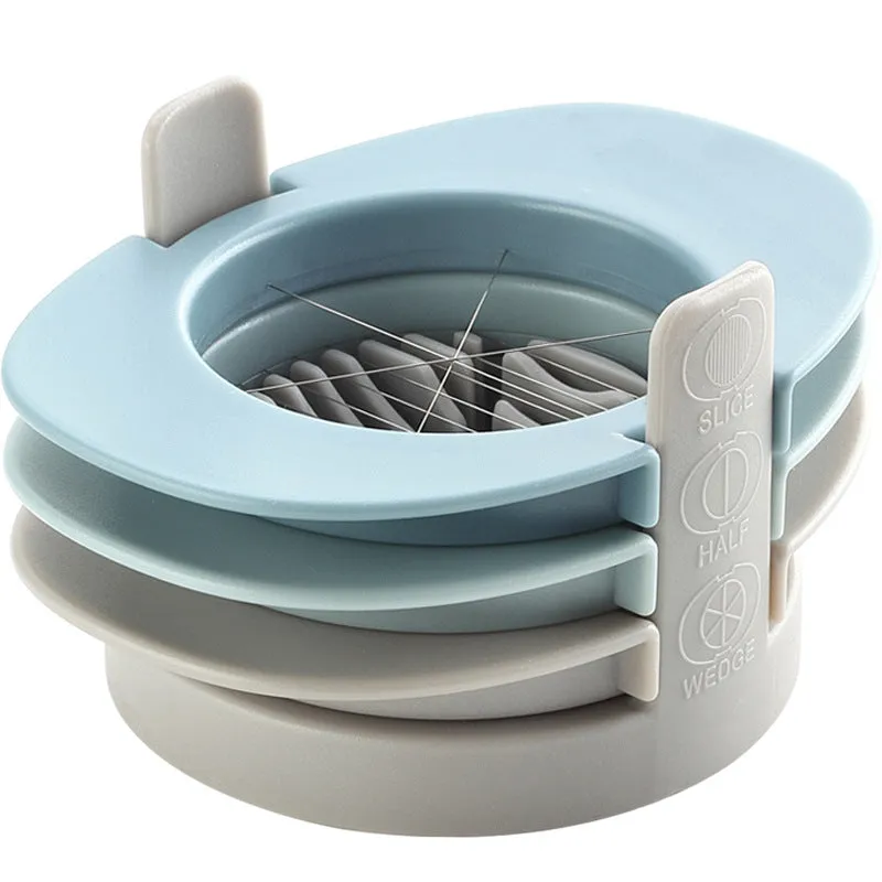 Manual egg cutter three-in-one with stackable parts, PS body, SS304 blades, available in blue, orange, red