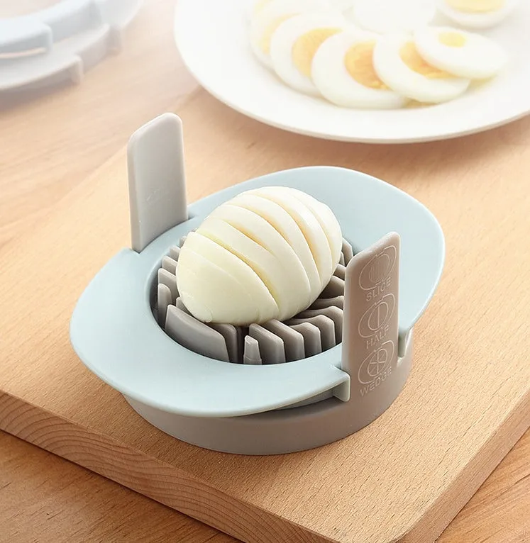 Manual egg cutter three-in-one with stackable parts, PS body, SS304 blades, available in blue, orange, red