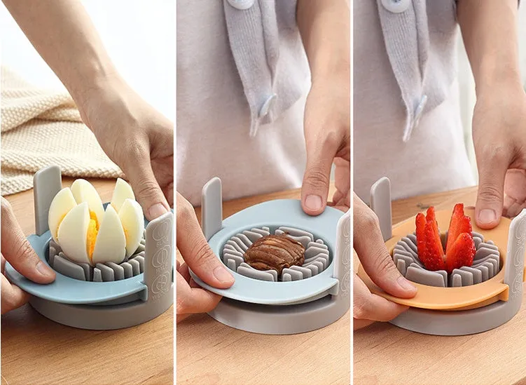 Manual egg cutter three-in-one with stackable parts, PS body, SS304 blades, available in blue, orange, red