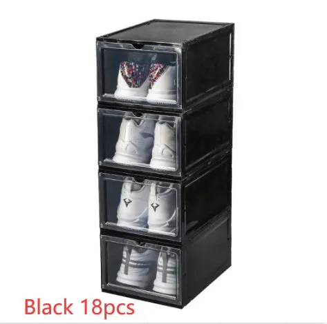 Folding PP plastic sneaker storage box, black, outer dimensions 34 x 25 x 18.2 cm, stacked shoe cabinet