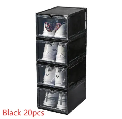 Folding PP plastic sneaker storage box, black, outer dimensions 34 x 25 x 18.2 cm, stacked shoe cabinet