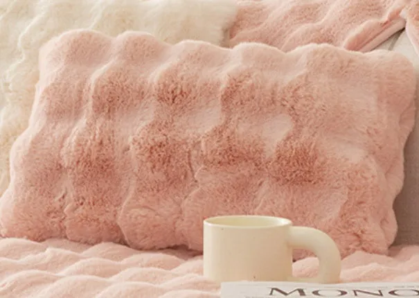 Winter thickened bubble rabbit hair sofa cushion in solid colour on a combination sofa