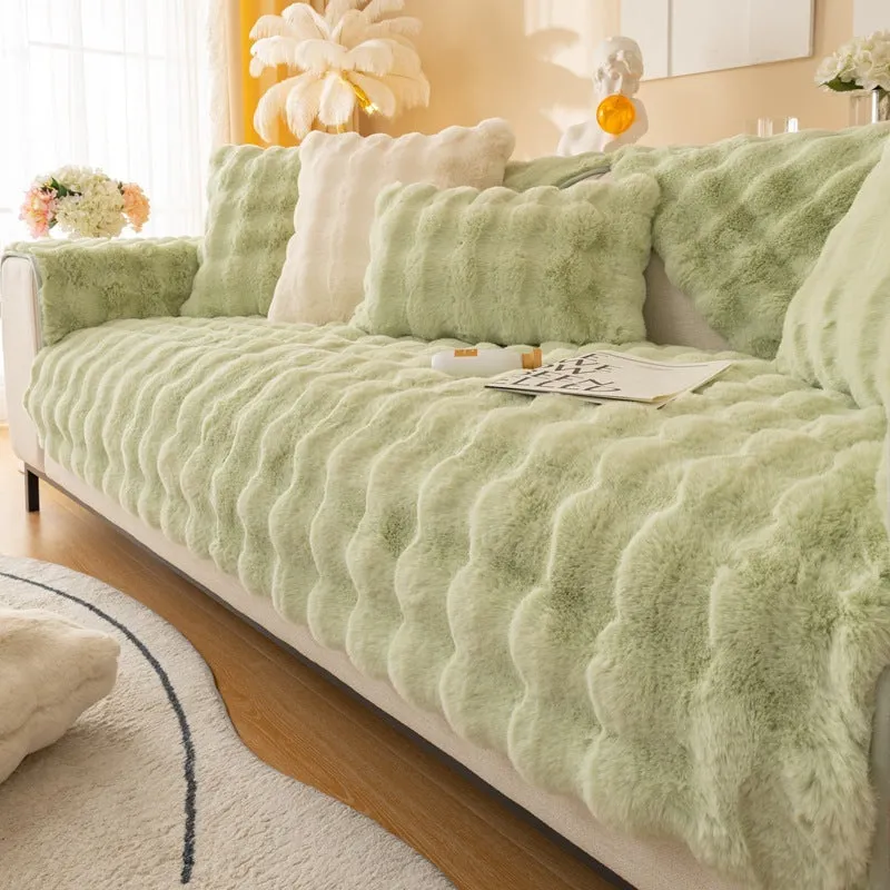 Winter thickened bubble rabbit hair sofa cushion in solid colour on a combination sofa
