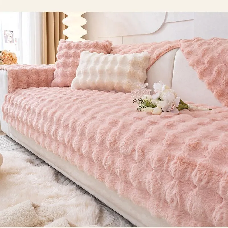 Winter thickened bubble rabbit hair sofa cushion in solid colour on a combination sofa