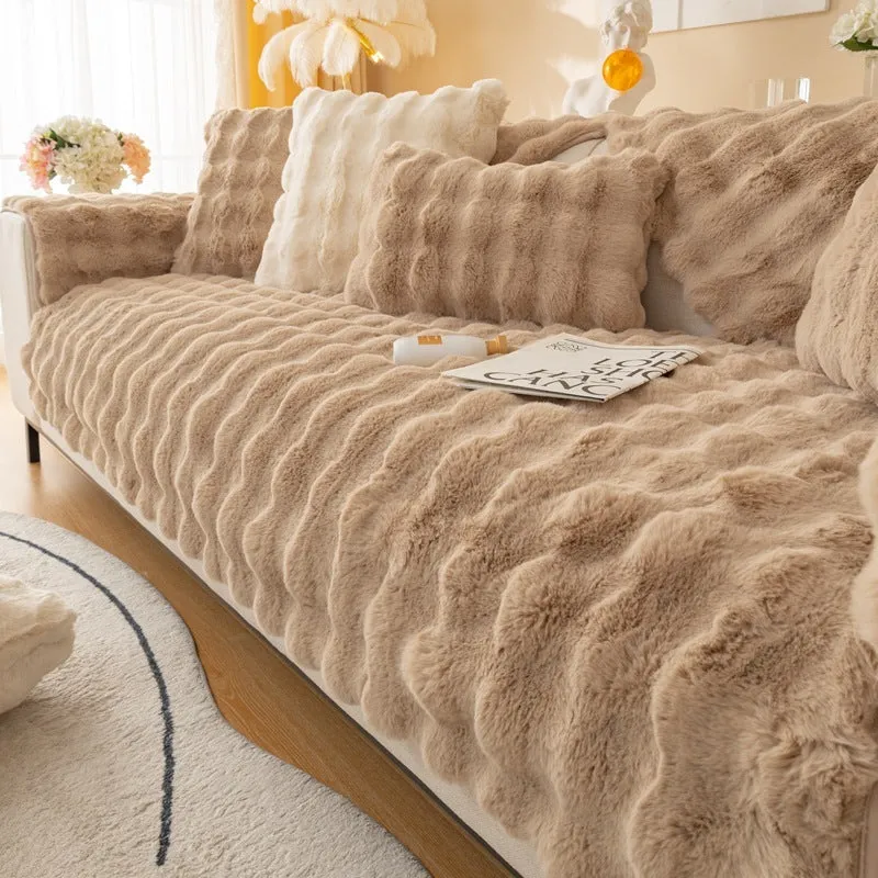 Winter thickened bubble rabbit hair sofa cushion in solid colour on a combination sofa