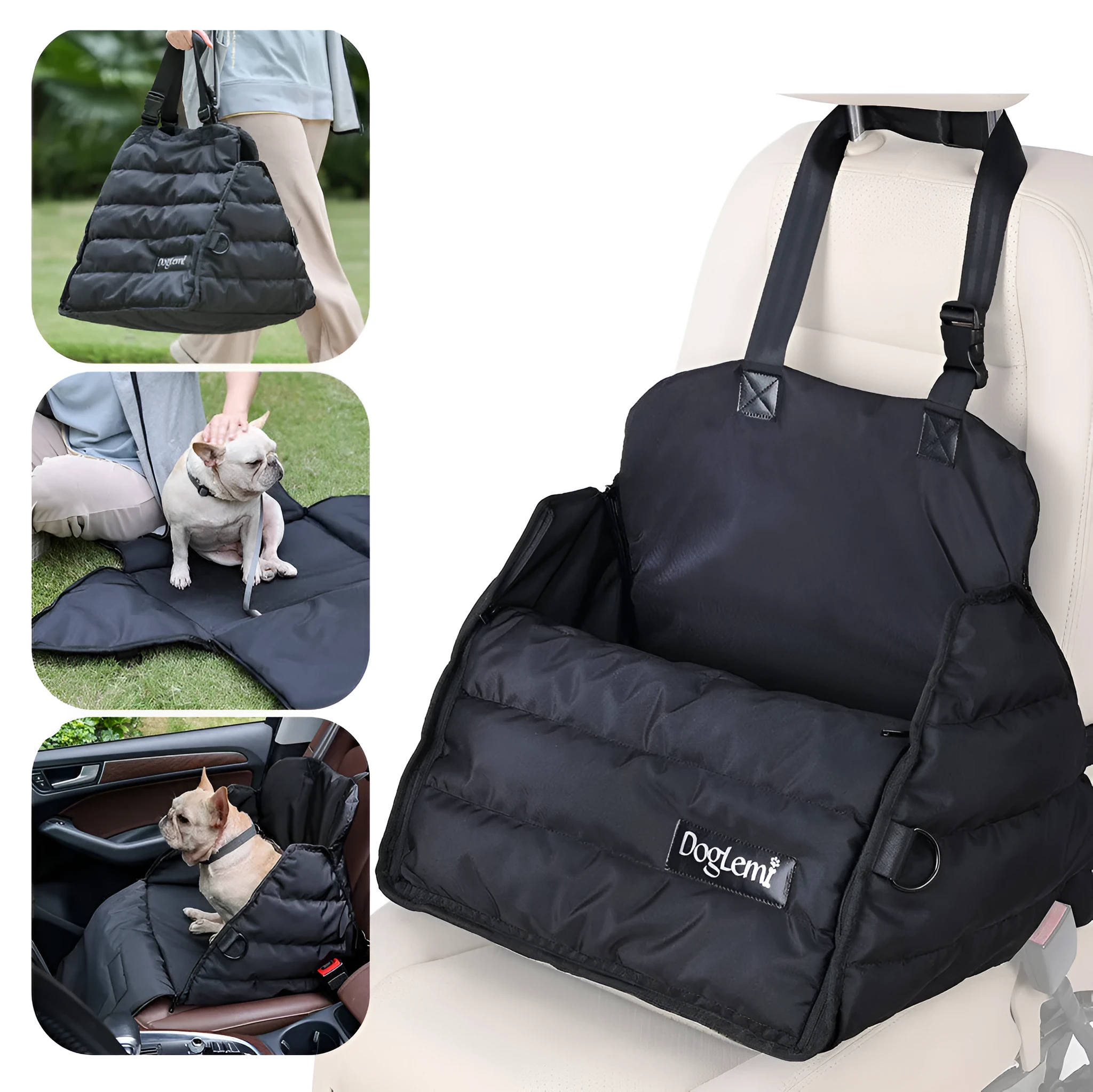 Black multifunctional pet car bag with clip-on strap and harness clip for dog travel safety