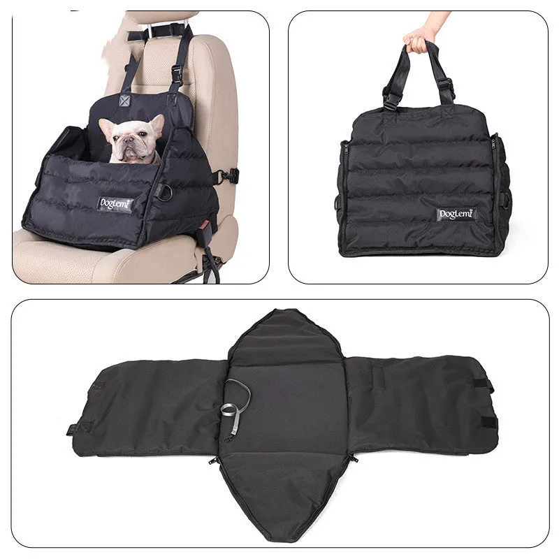 Black multifunctional pet car bag with clip-on strap and harness clip for dog travel safety