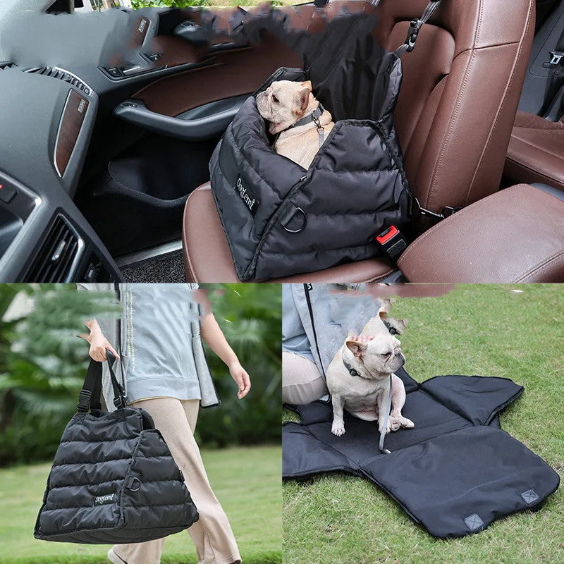 Black multifunctional pet car bag with clip-on strap and harness clip for dog travel safety