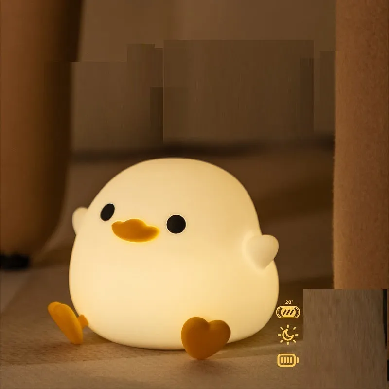 Doudou Duck silicone night light, BPA-free, squeeze to glow, 2 brightness levels, USB charging
