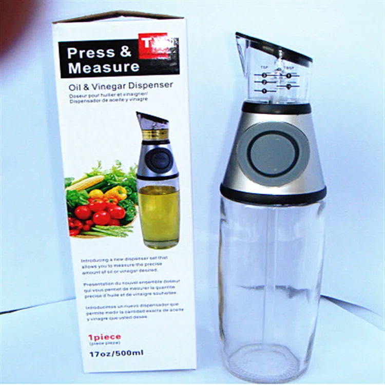 500ml high white glass measurable oil bottle with slim 8x28.5cm shape on kitchen countertop