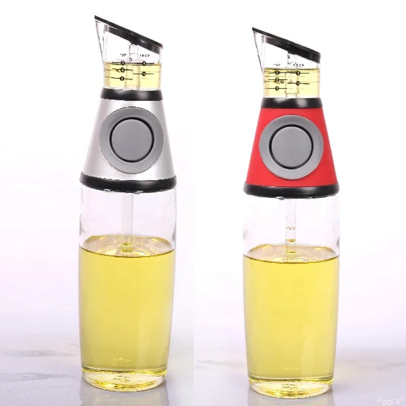 500ml high white glass measurable oil bottle with slim 8x28.5cm shape on kitchen countertop