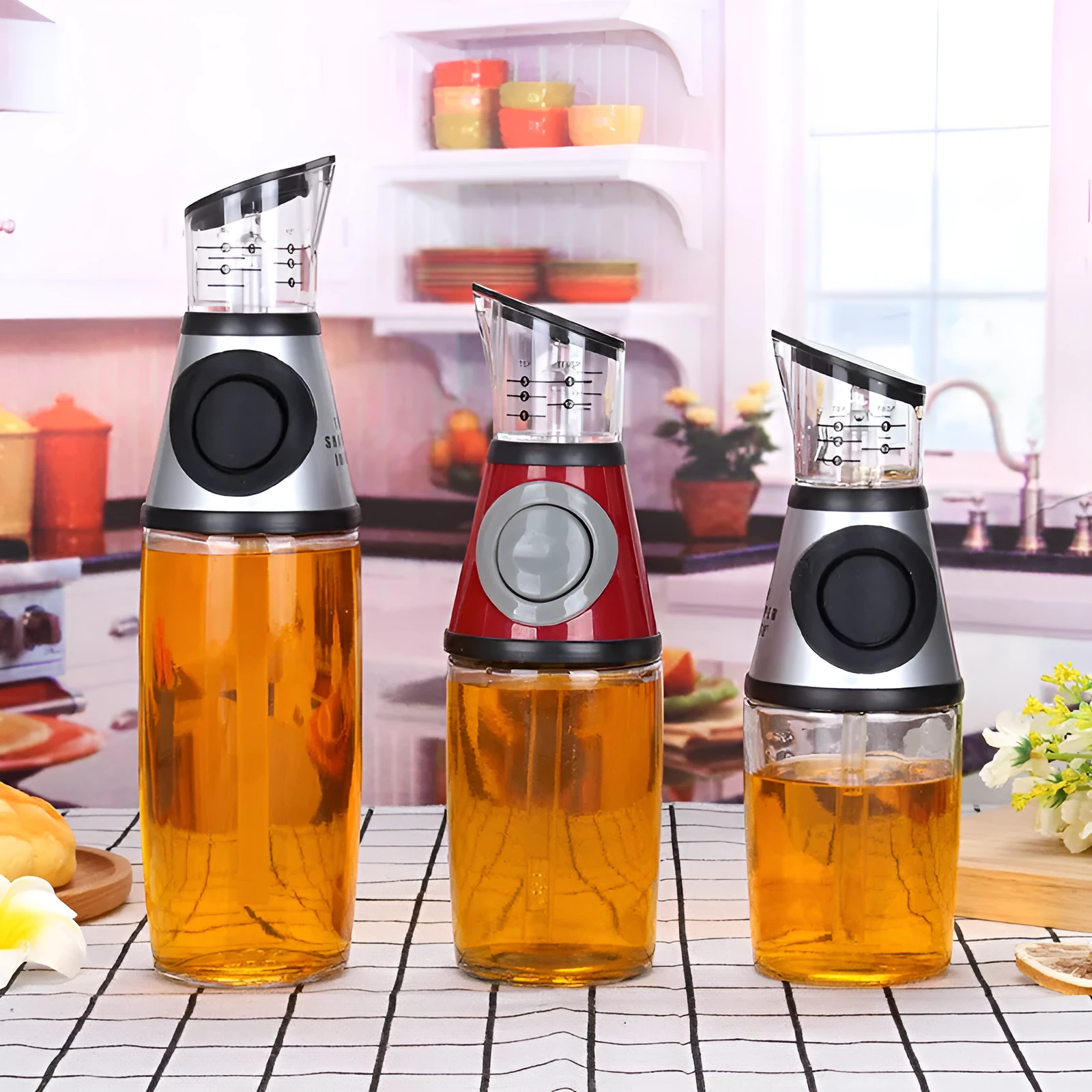 500ml high white glass measurable oil bottle with slim 8x28.5cm shape on kitchen countertop