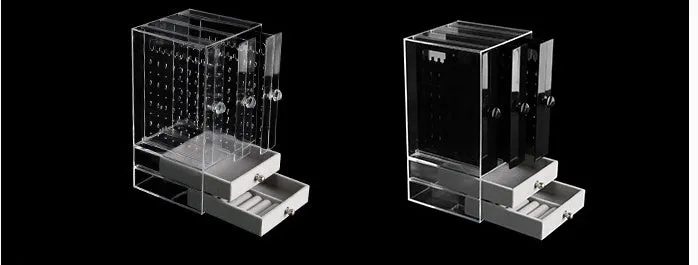 Acrylic cosmetic storage box plastic organiser in clear white, 13.5x13x24.7cm, with cosmetics inside