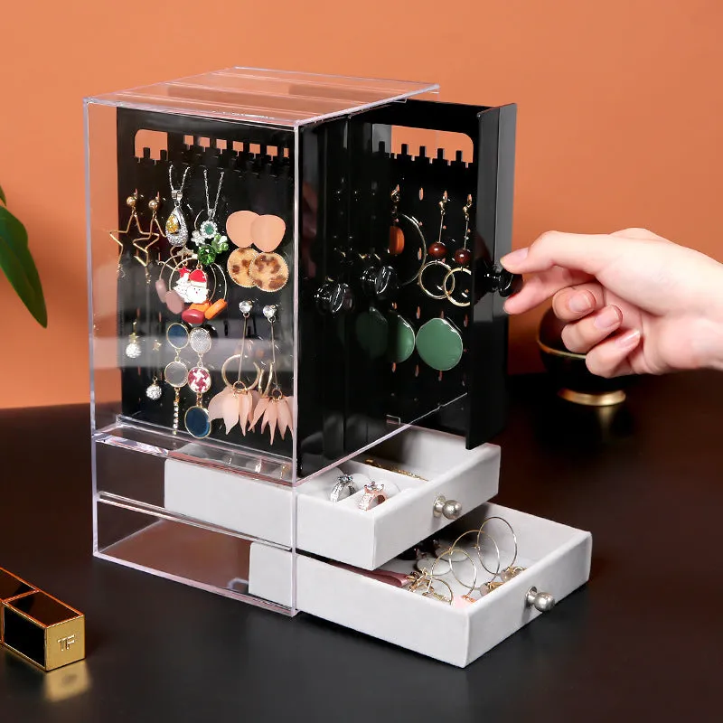 Acrylic cosmetic storage box plastic organiser in clear white, 13.5x13x24.7cm, with cosmetics inside