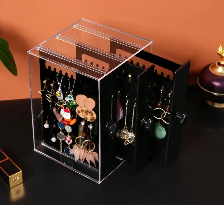 Acrylic cosmetic storage box plastic organiser in clear white, 13.5x13x24.7cm, with cosmetics inside