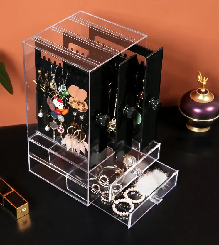 Acrylic cosmetic storage box plastic organiser in clear white, 13.5x13x24.7cm, with cosmetics inside