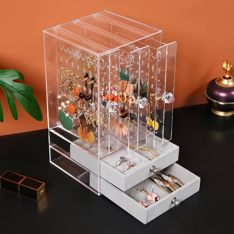 Acrylic cosmetic storage box plastic organiser in clear white, 13.5x13x24.7cm, with cosmetics inside