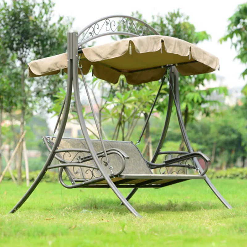 Outdoor three-person alloy steel rocking swing with Teslin mesh backrest and anti-slip feet in rustic colour