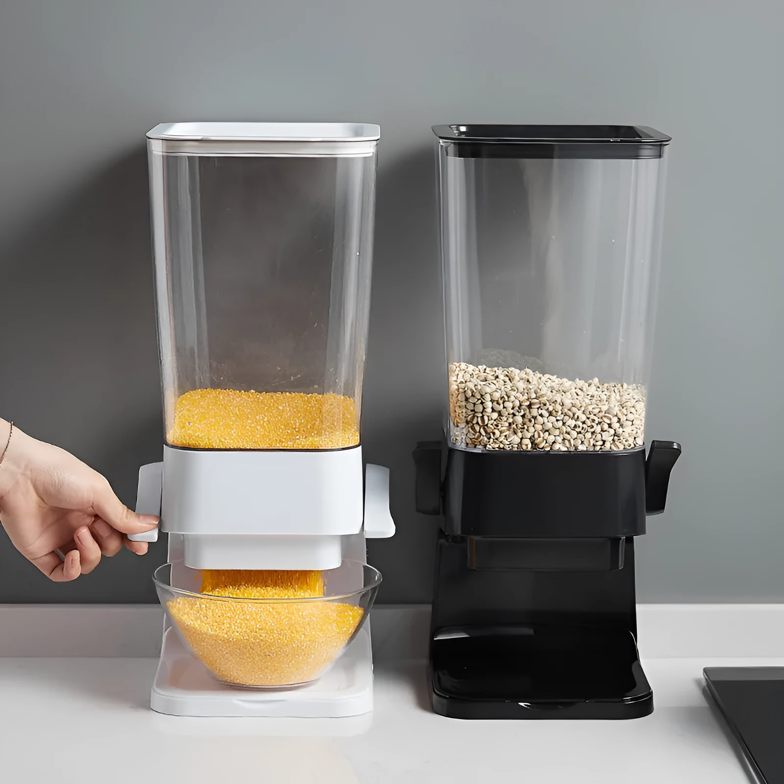 Countertop cereal dispenser with chute opening and levers, 5.5 quart capacity, black colour