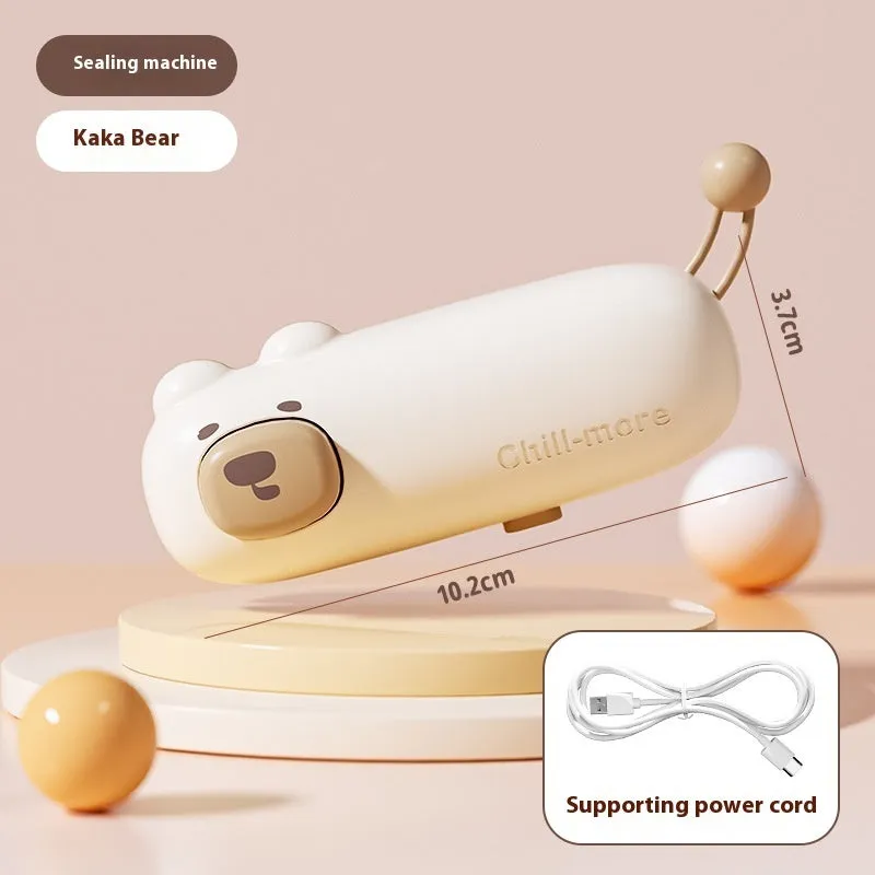 Portable rechargeable mini bag sealer in coffee bear design with USB Type-C charging, for sealing plastic snack bags