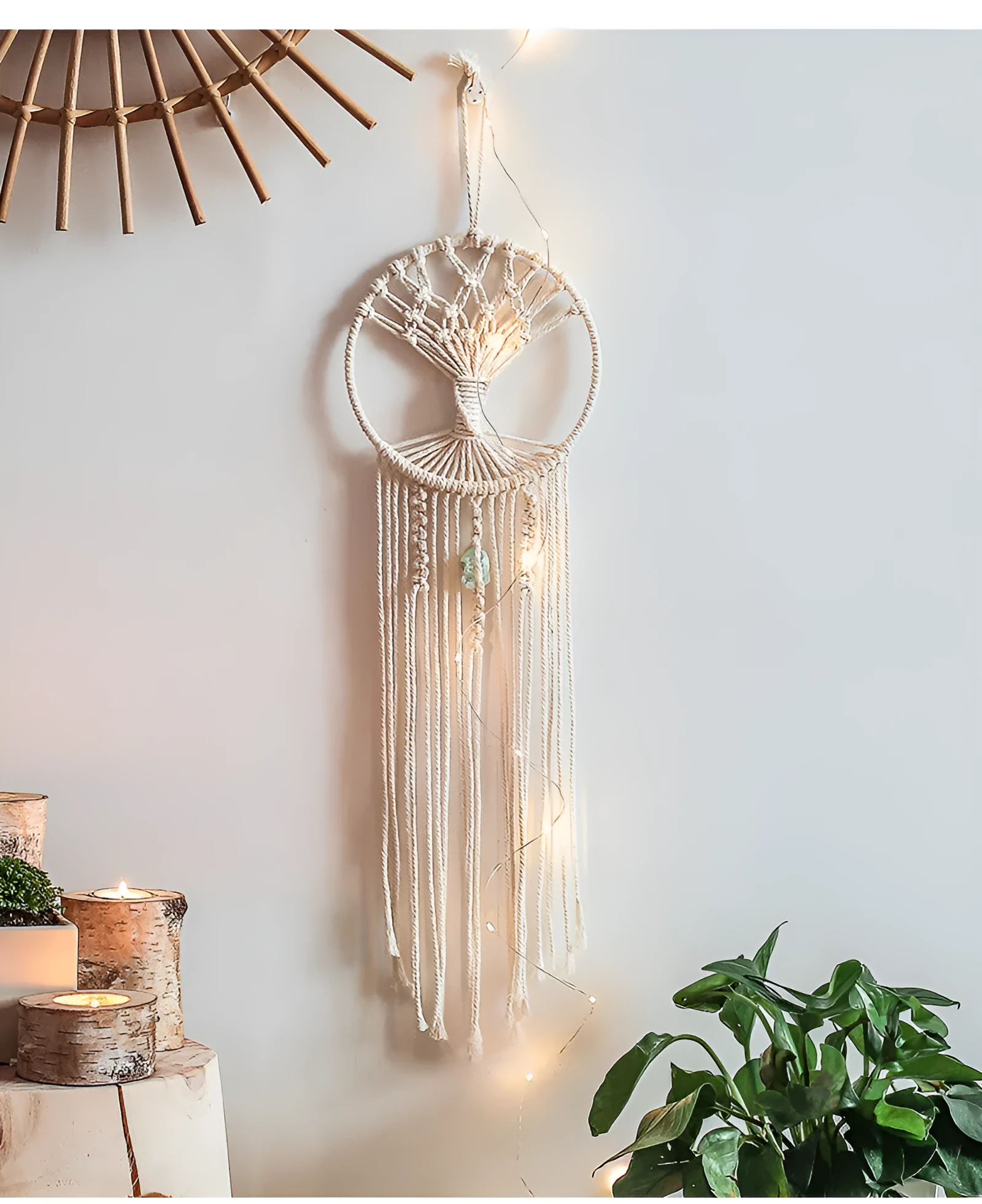 Handmade dream catcher tree tapestry in natural cotton rope, rectangular 73x18cm, European style wall hanging