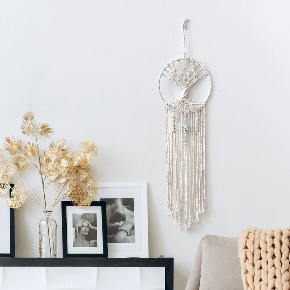 Handmade dream catcher tree tapestry in natural cotton rope, rectangular 73x18cm, European style wall hanging