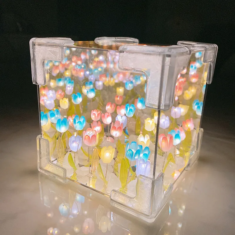 Handmade DIY tulip flower small night light kit with mirror finish and built-in battery, romantic gift decoration