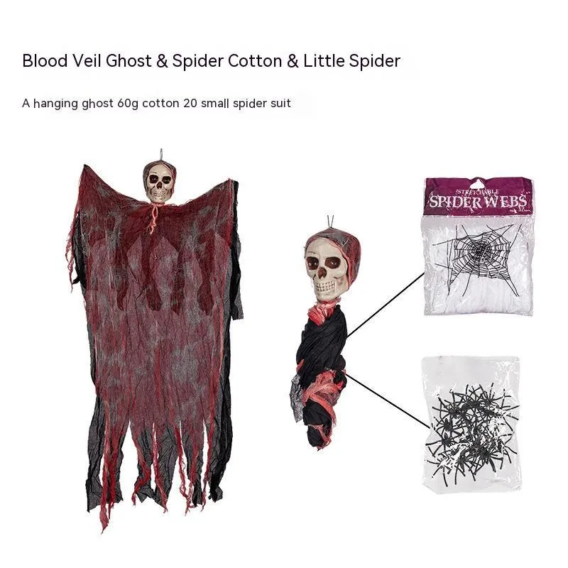 Halloween hanging ghost pendant with dyed blood effect skull decoration on a tree branch