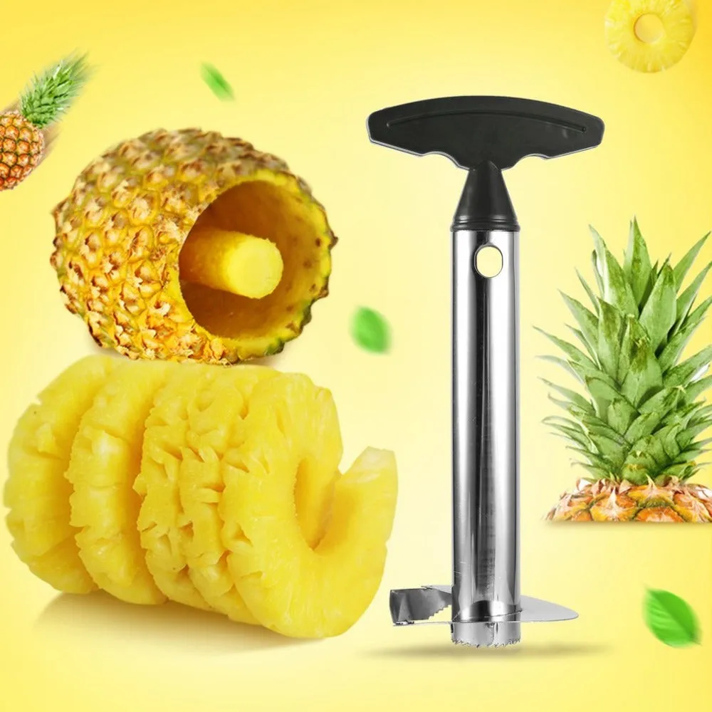 Stainless steel pineapple peeler with ergonomic handle and sawtooth blade on a countertop