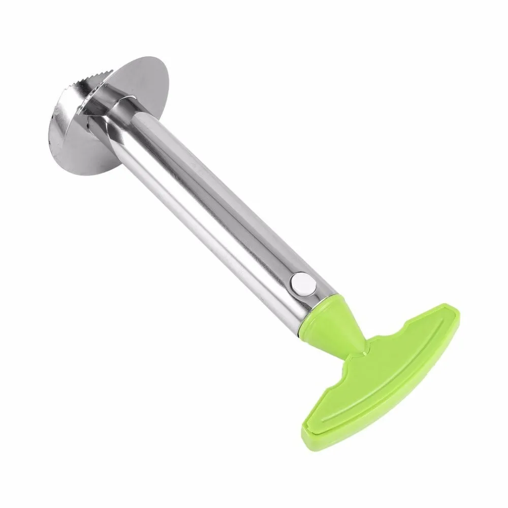 Stainless steel pineapple peeler with ergonomic handle and sawtooth blade on a countertop
