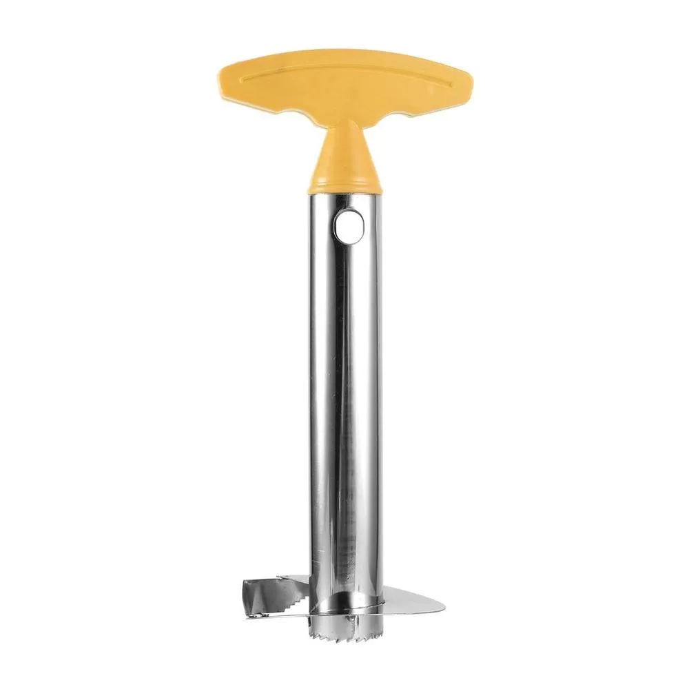 Stainless steel pineapple peeler with ergonomic handle and sawtooth blade on a countertop