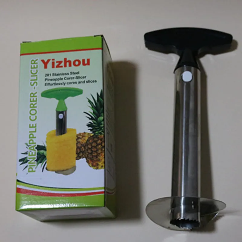 Stainless steel pineapple peeler with ergonomic handle and sawtooth blade on a countertop