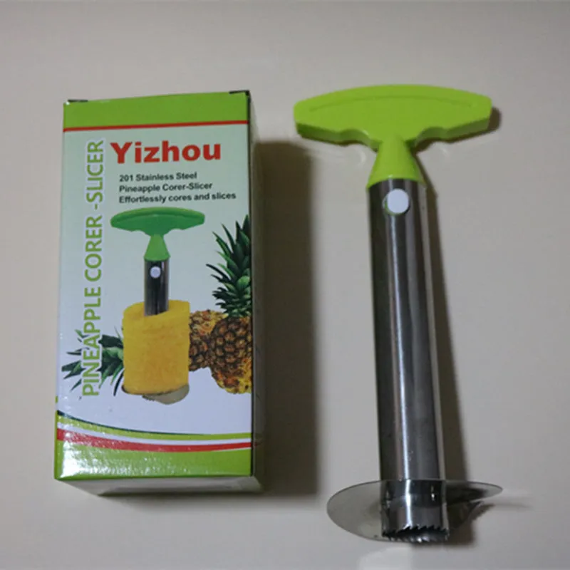 Stainless steel pineapple peeler with ergonomic handle and sawtooth blade on a countertop