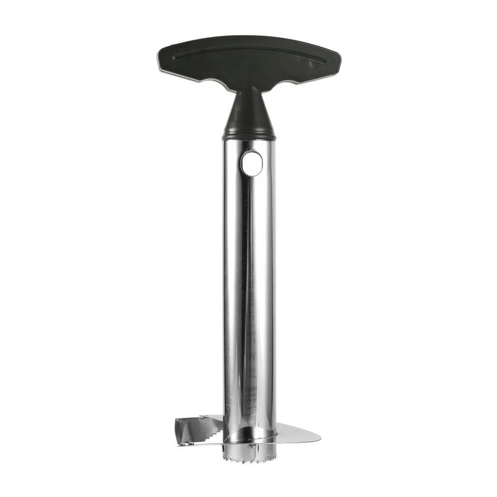 Stainless steel pineapple peeler with ergonomic handle and sawtooth blade on a countertop