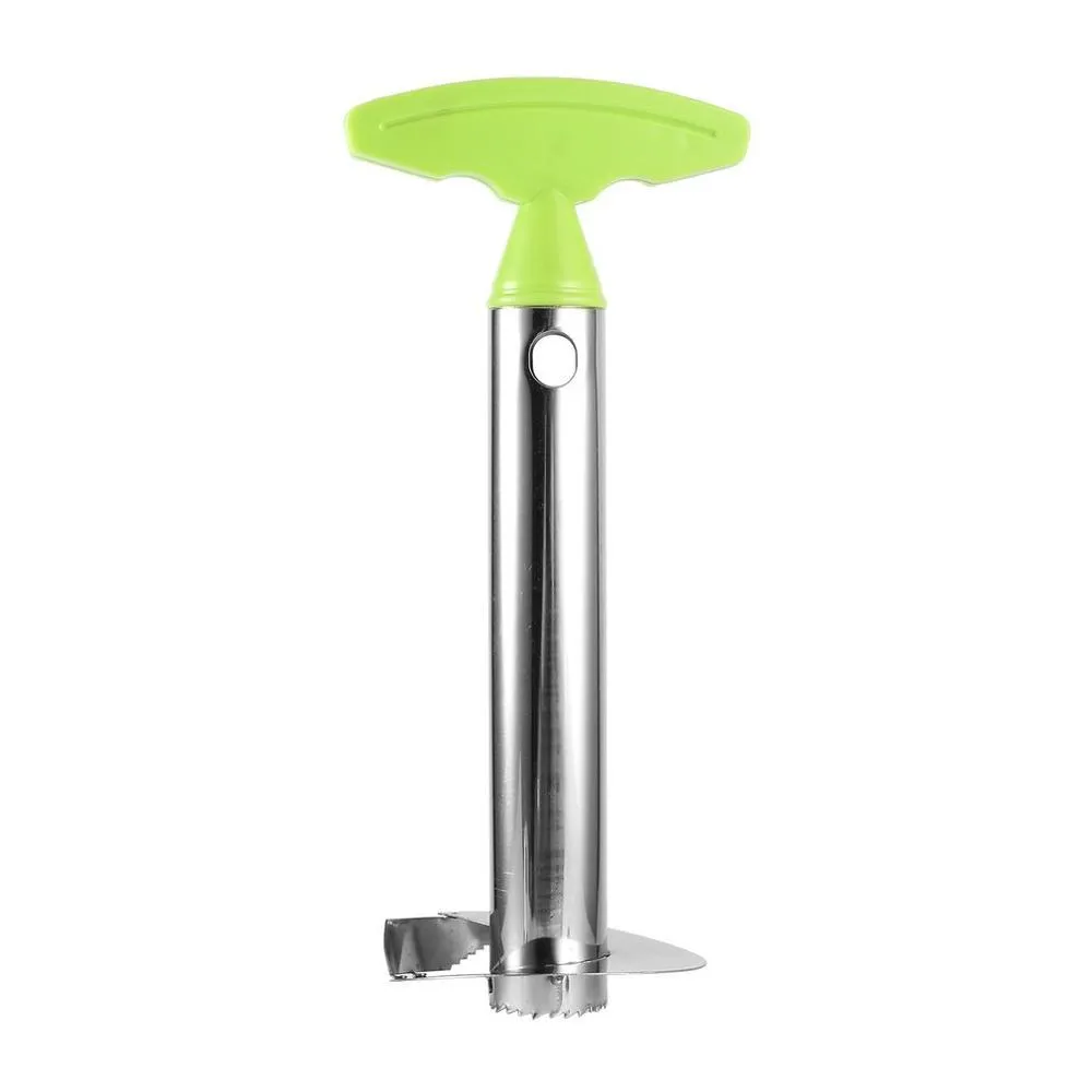 Stainless steel pineapple peeler with ergonomic handle and sawtooth blade on a countertop