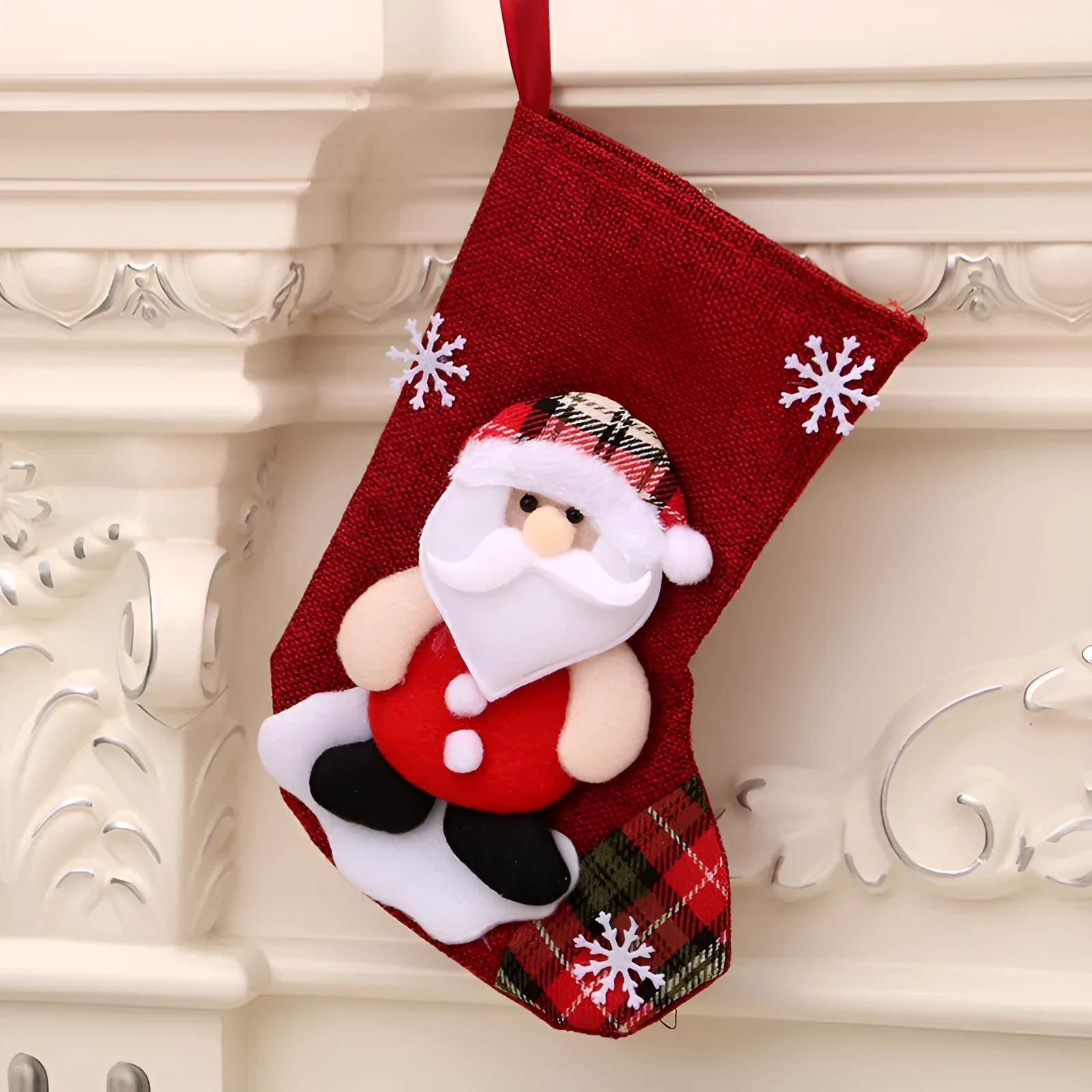 Multicolor Christmas hanging sock gift bag with bear character design on white background