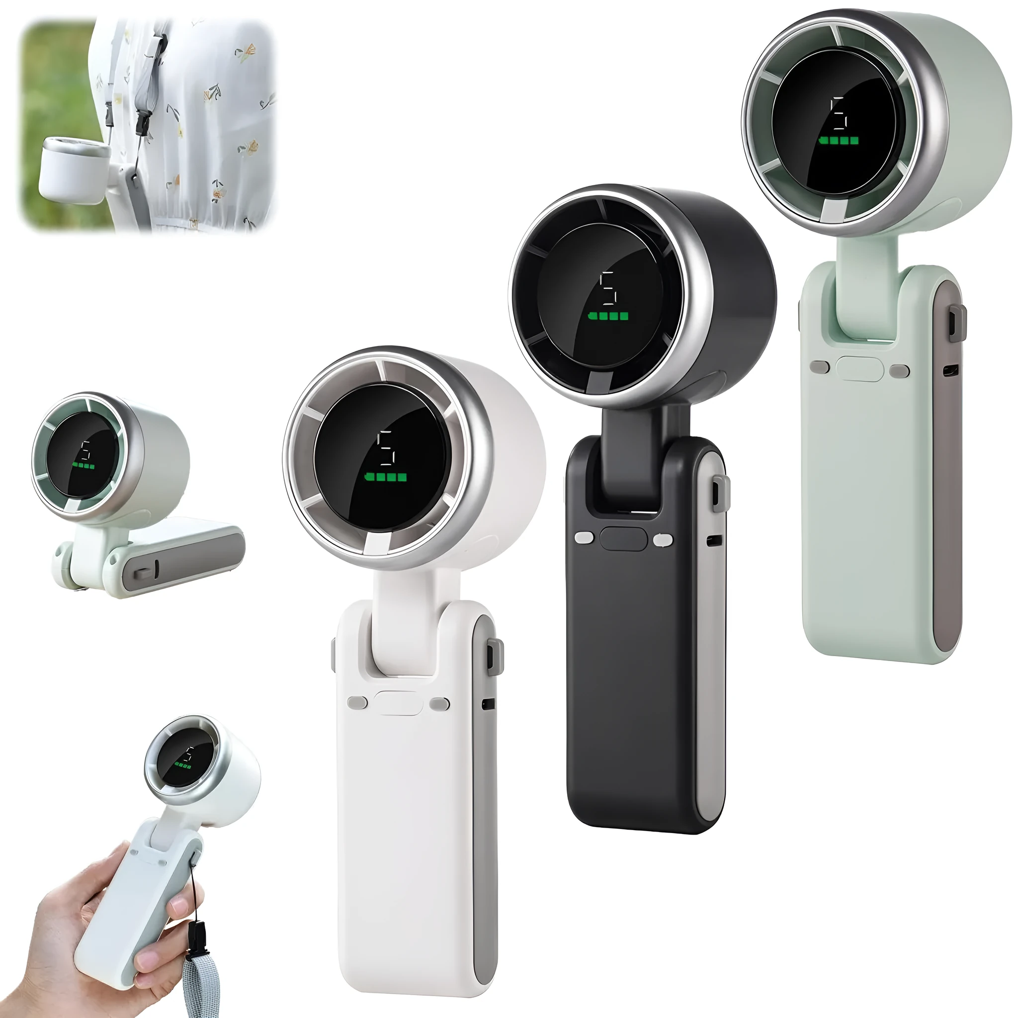 Mini hand-held folding fan in black and gray, rotated 180 degrees, showing plastic body and compact size
